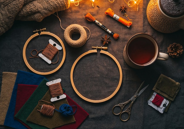 Narzędzia do haftu na drewnianym stole